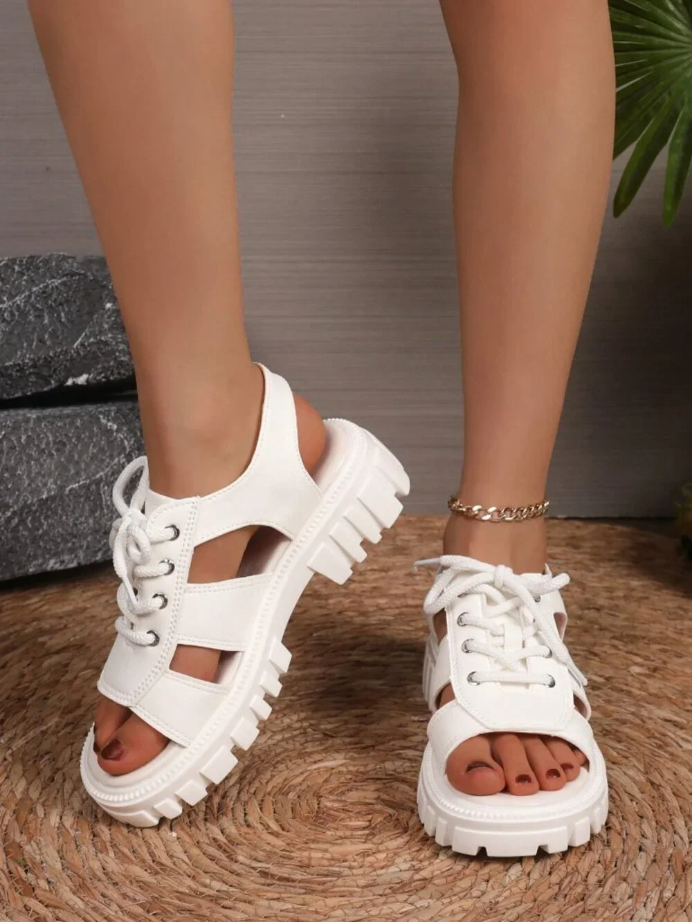 White Fashionable Women's Platform Thick Bottom Sandals, Classic Strap Sandals